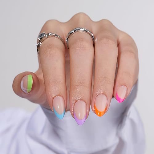 BTArtbox Press On Nails Short - Soft Gel French Tip Press On Nails, Colorful Almond Glue On Nails, Reusable Stick On Nails in 16 Sizes, Neon Rainbow French - C1 - Neon Rainbow French