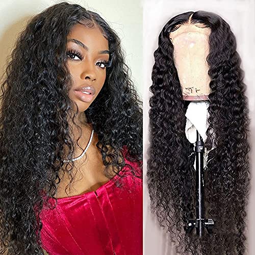 18Inch Curly T Part Lace Wig Human Hair T Part Wigs Human Hair Pre Plucked 150% Density Brazilian Virgin Deep Curly T Part 4x1 Curly Wig Human Hair HD T Part Front Wigs Human Hair Curly Mengkai