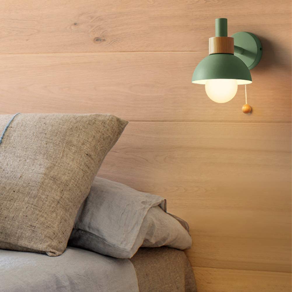 Lampa ścienna do sypialni, żelaza i drewna z przełącznikiem sznurkowym, okrągły stolik nocny, lampka do czytania, oświetlenie do sypialni i salonu.