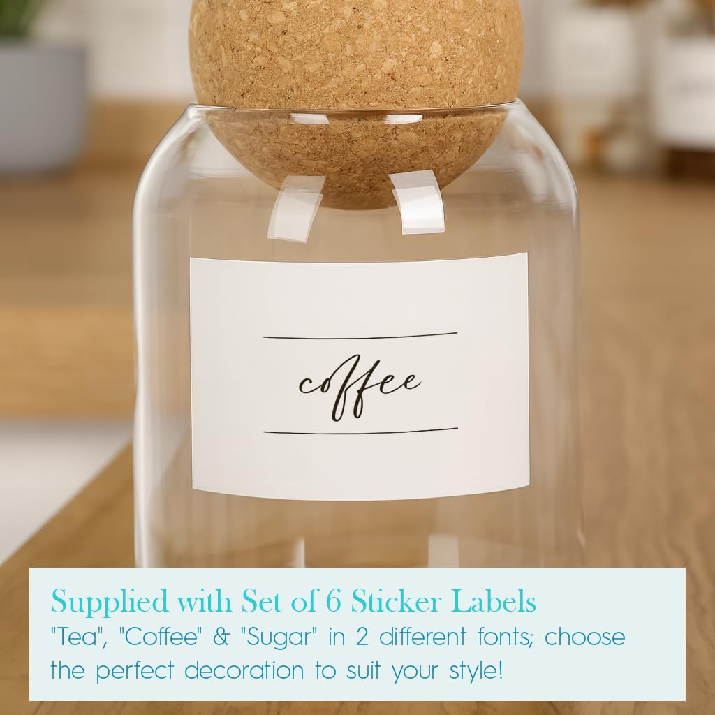Argon Tableware Ensemble de 3 petits pots à thé, café et sucre avec couvercles en liège et étiquettes autocollantes - Boîte à biscuits et pots à bonbons en verre moderne avec couvercle en bois
