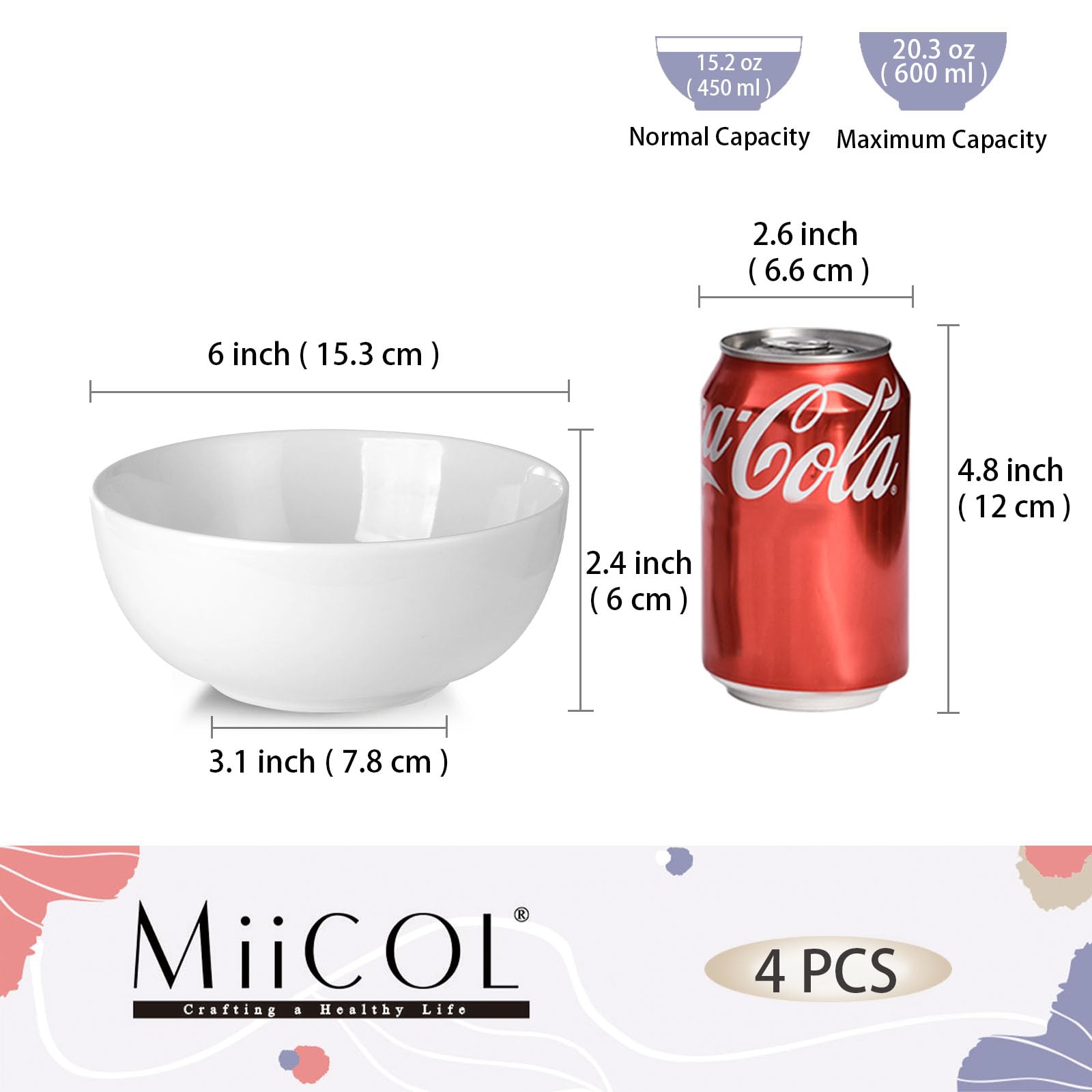 Miicol Ensemble de 4 Bols à Petit-Déjeuner en Céramique, Bols à Soupe Blancs 600 ml, Bols Empilables de 15 cm pour Céréales, Idéals pour Desserts, Salades, Riz ou Fruits