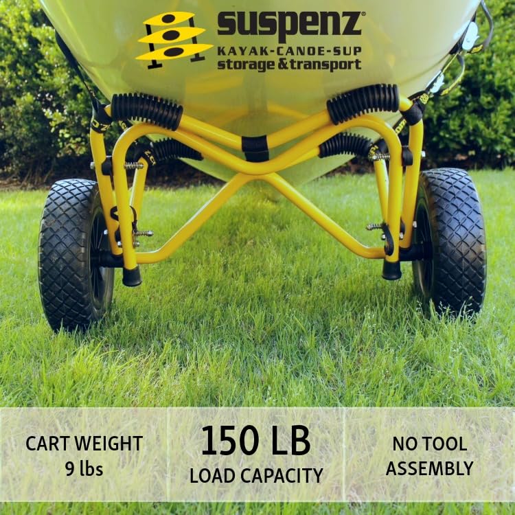 Suspenz Kayak Canoe Transport Trailer, DLX Kayak Cart, Trolley with Airless Wheels and Straps, Weight Capacity 150 lbs, Yellow (22-0044)