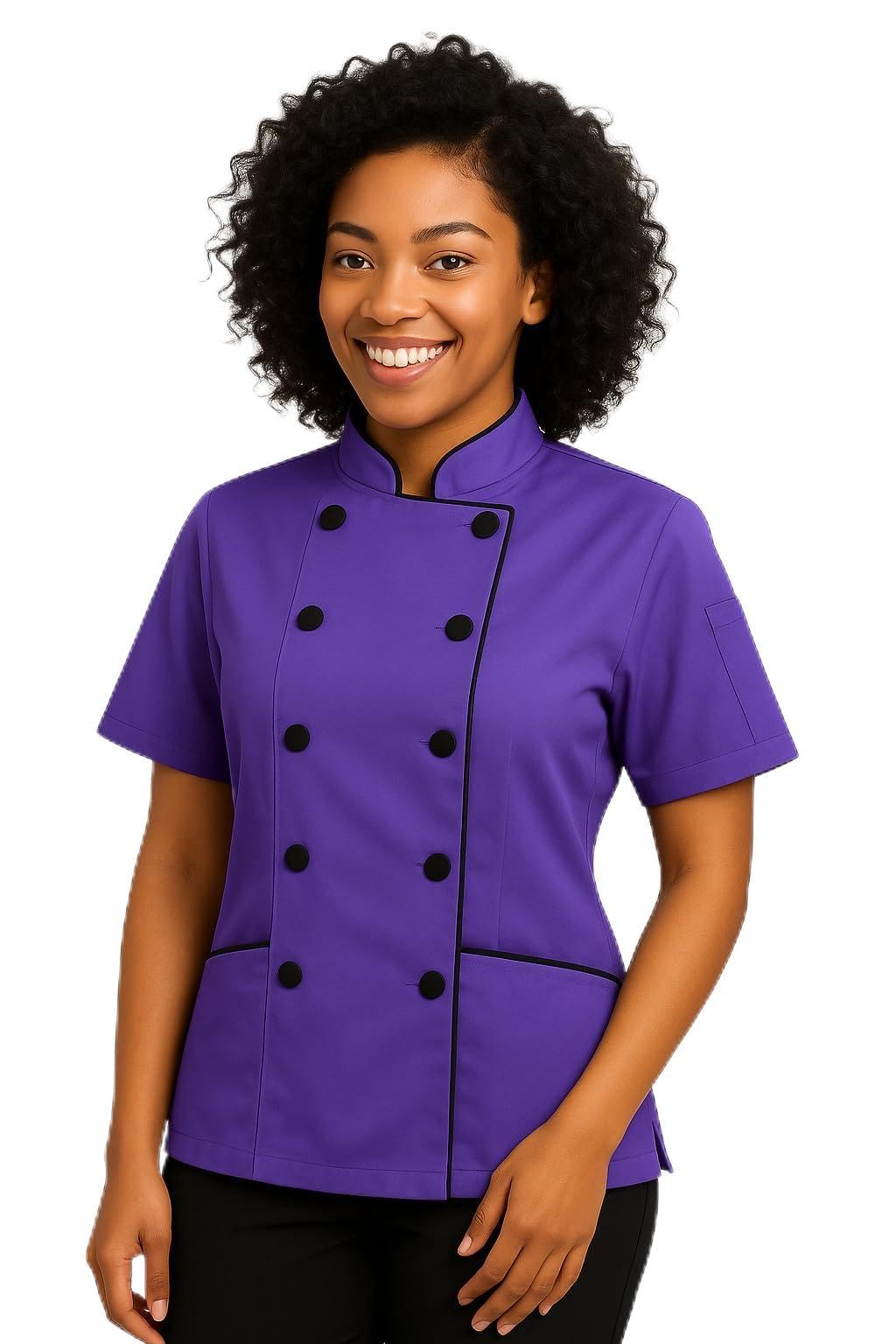 Short Sleeves Tailored Fit Chef Coat Jacket Uniform for Women for Food Service, Caterers, Bakers and Culinary Professional, Purple, Medium