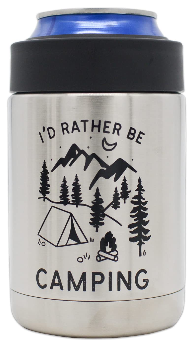 I'd Rather Be Camping - Insulated Stainless Steel Can Cooler for Cans + Bottles - RV and Camper Gift, Cool Camping Gift for Men and Women, Funny