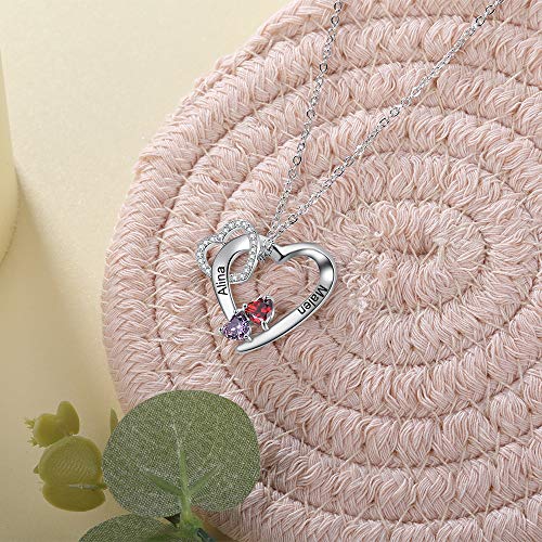 Love Jewelry Personalized 2 Names Heart Necklace for Girlfriend & Mom with 2 Simulated Birthstones4