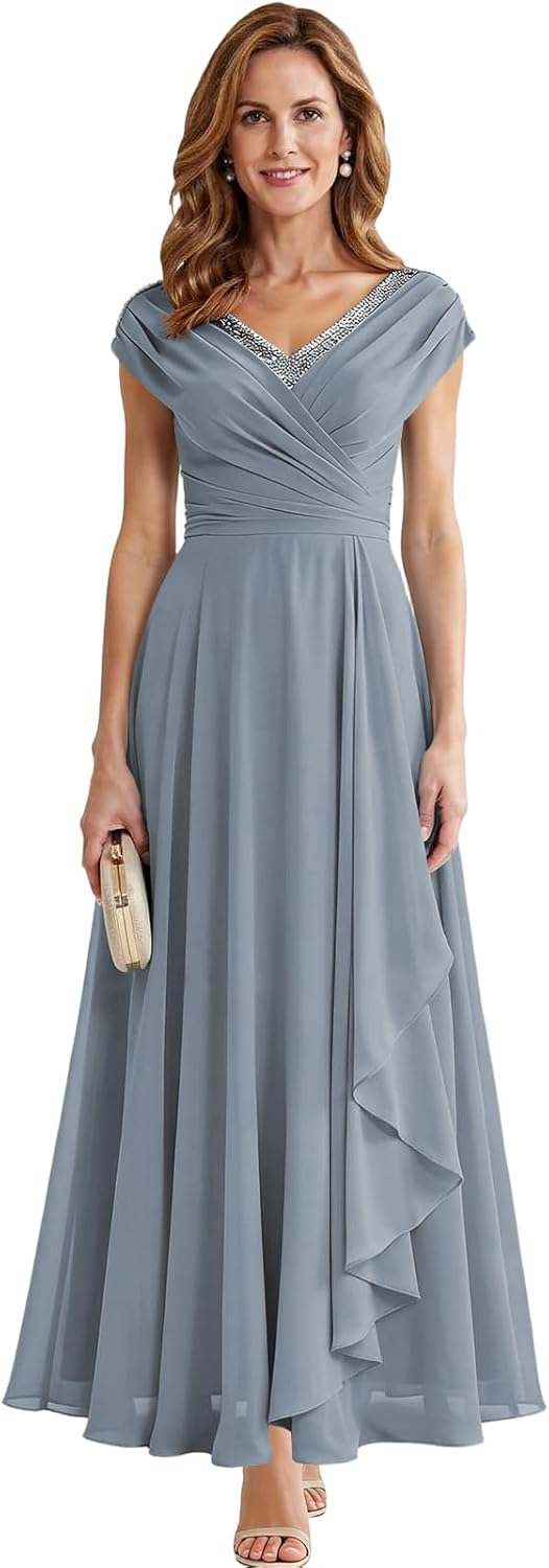 Long Chiffon Mother of The Bride Dresses V Neck Cap Sleeve Formal Dress GO037