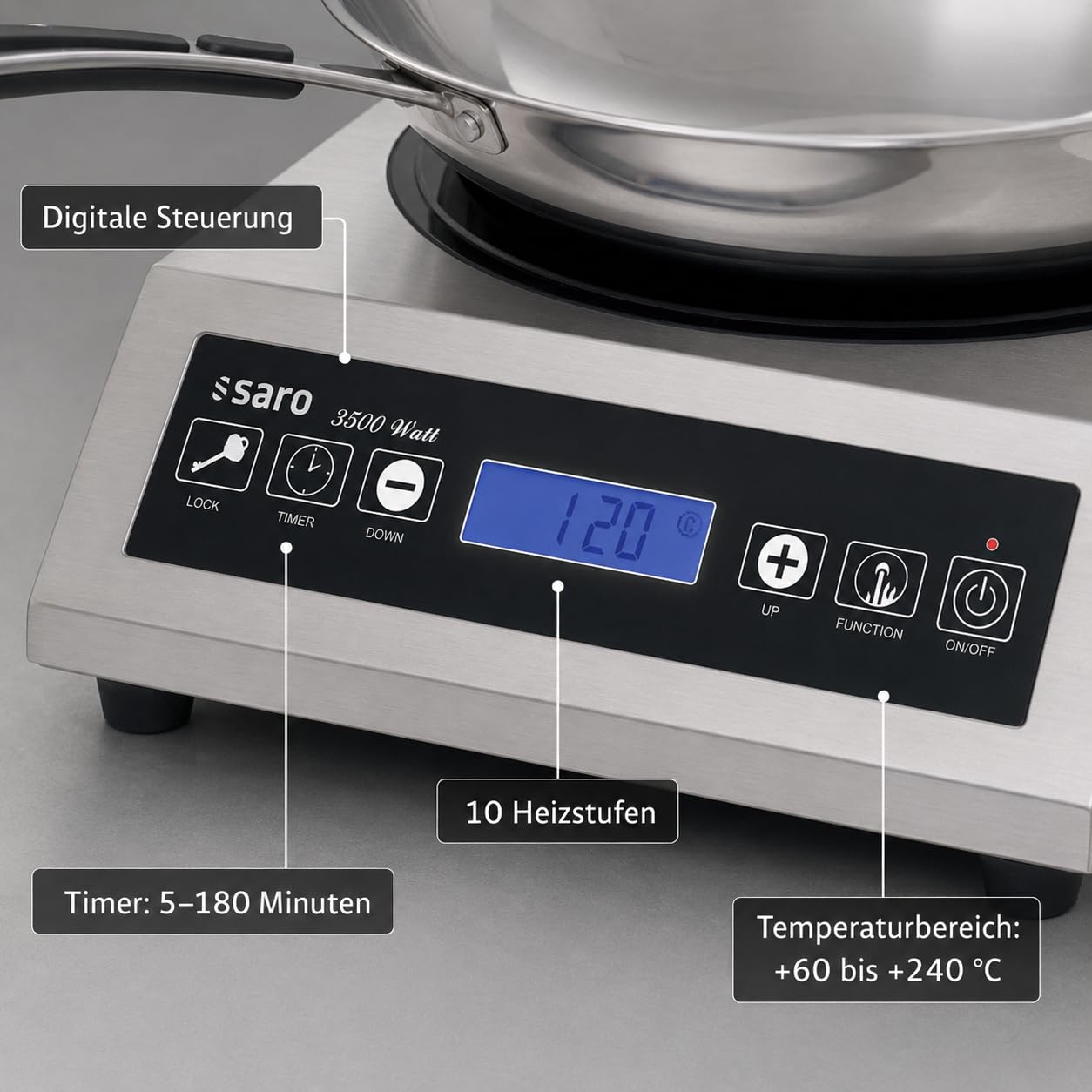 SARO Induktions-Wokkochfeld – Inkl. Wok – 10 Heizstufen – Timer – Edelstahlgehäuse – Temperatur 60–240 °C – 3,5 kW – Modell LOUISA