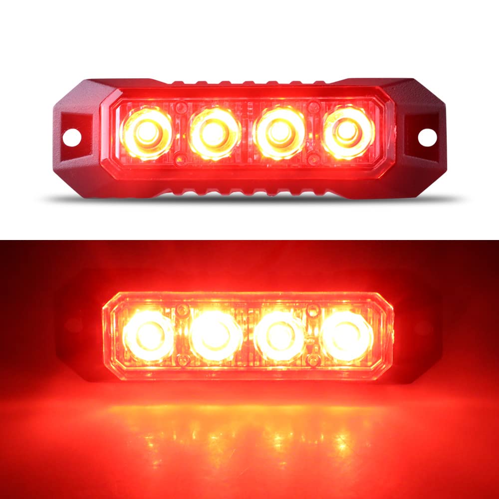 Raryloy 4 LED Red Strobe Lights Vehicles Trucks Emergency Strobe Lights Kit 12V -24V Beacon Warning Hazard Flash Strobe Lights Bar Grill Grille Surface Mount Red Lamps