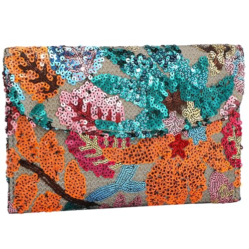 XquiziFit Floral Beaded Clutch Embroidery Sequin Beaded Purse Small Evening Clutch Purses for Women Colorful Clutch