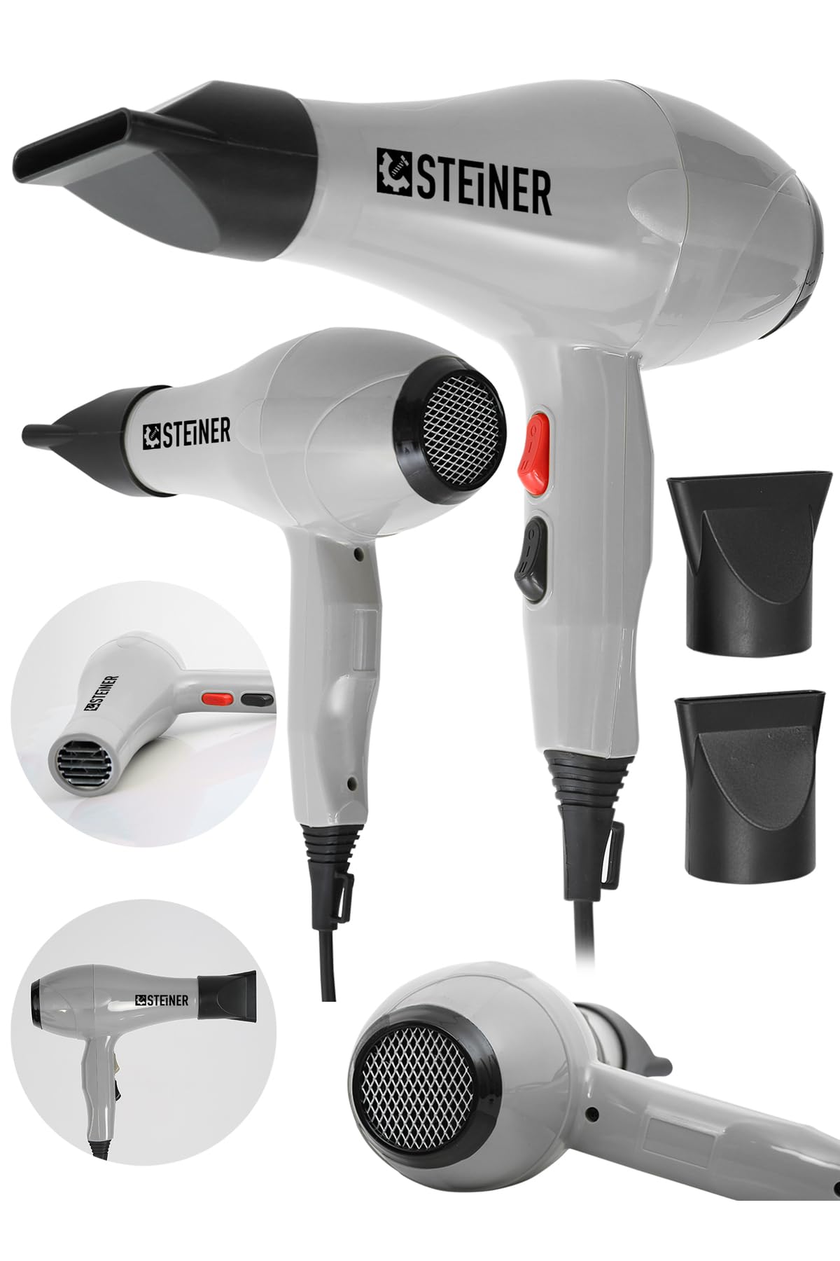 Steiner 3800 Watt Profesyonel Saç Kurutma Makinesi Fön Makinesi Ac Motor Gri+ 2 Adet Başlık