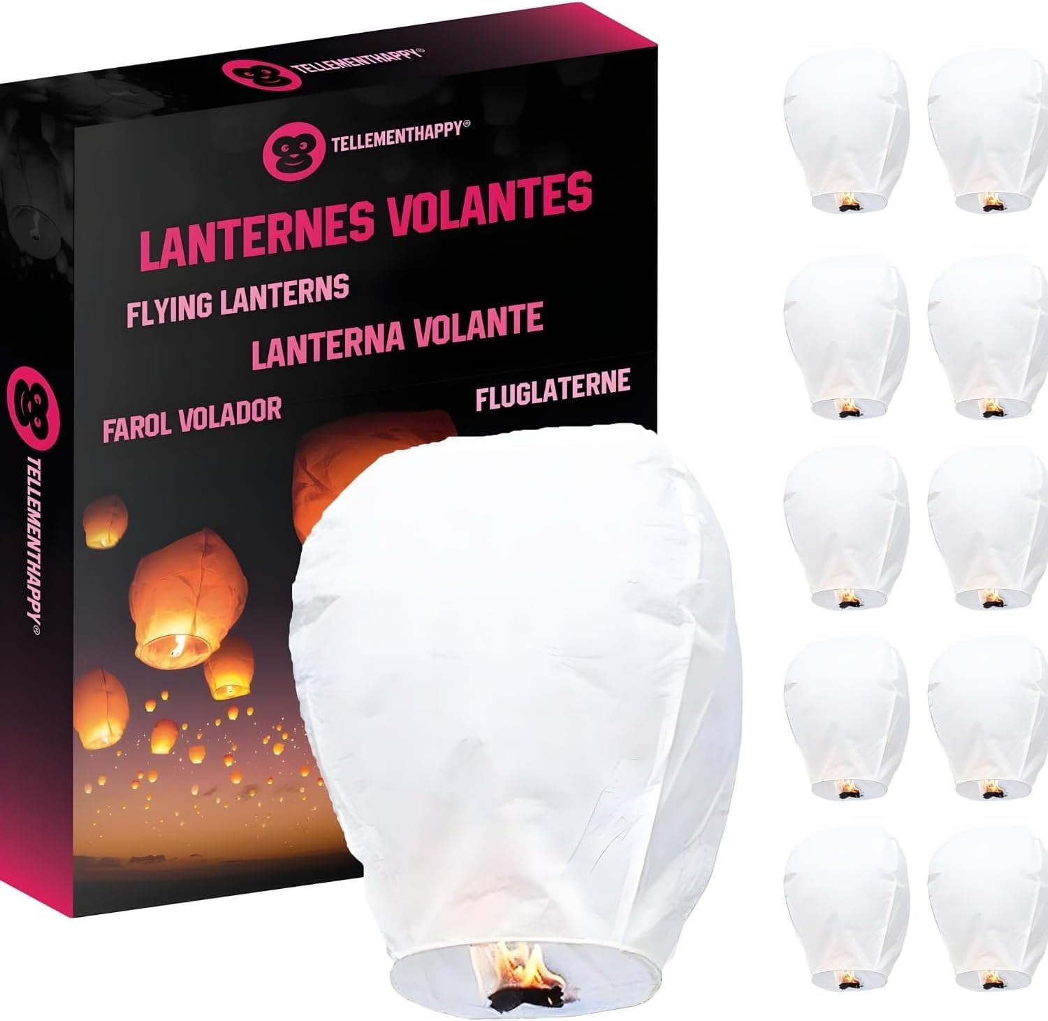 TellementhappyTM Pack of 10 Flying Lanterns 100% Biodegradable White