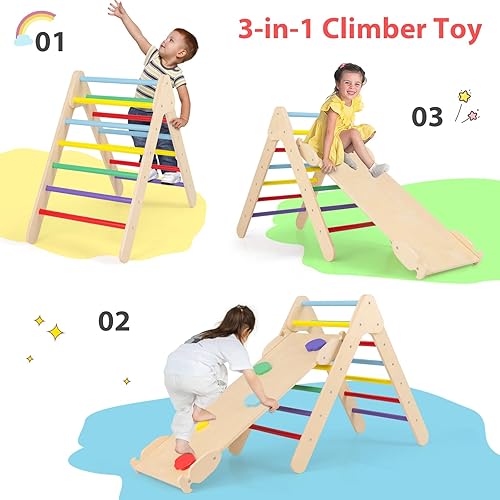 Vista 39 de OLAKIDS Pikler - Juego de triángulos 2 en 1, juguetes de escalada para niños pequeños, plegable de madera Montessori Baby Jungle Gym con rampa