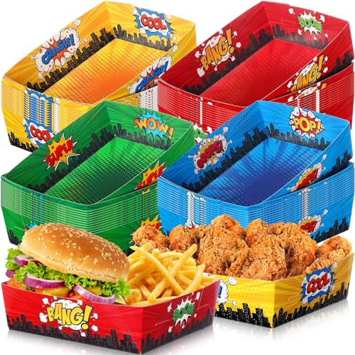Sliner 48 Pcs Hero Theme Birthday Party Supplies 5Lb Large Hero Food Trays Party Favors Food Boats Snack Paper Trays for Birthday Decorations(Boy)