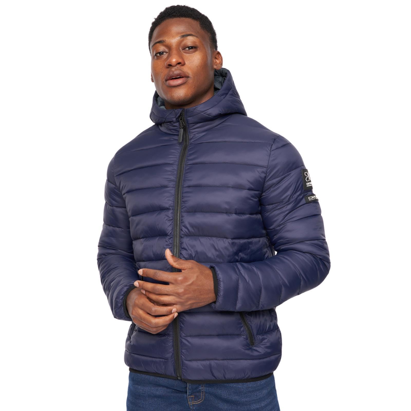 Crosshatch Men's Padded Quilted Puffer Shower Resistant Jacket with Zip Pockets Hood and Pockets Winter Coat by JEANBASE Navy XXL