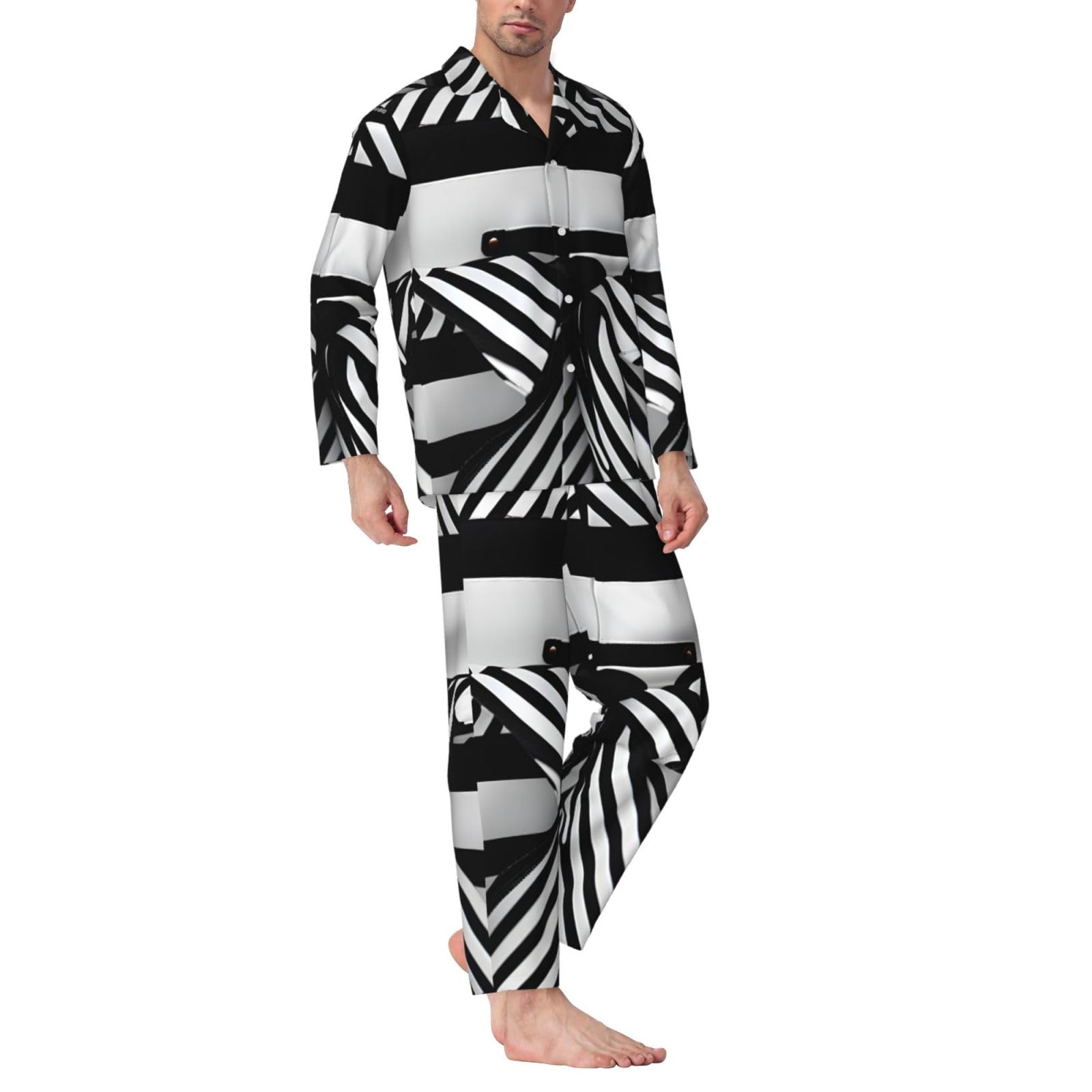 Pigiama a maniche lunghe da uomo con stampa a righe bianche nere Set pigiama in due pezzi Lounge Sleep traspirante abbigliamento da notte