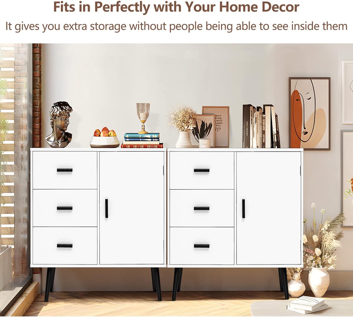 Iwell Storage Cabinet, Bathroom Storage Cabinet with Door and Adjustable Shelf, 3 Drawers Dresser for Bedroom, Kitchen Storage Cabinet, Accent Cabinet for Living Room, Entryway, White