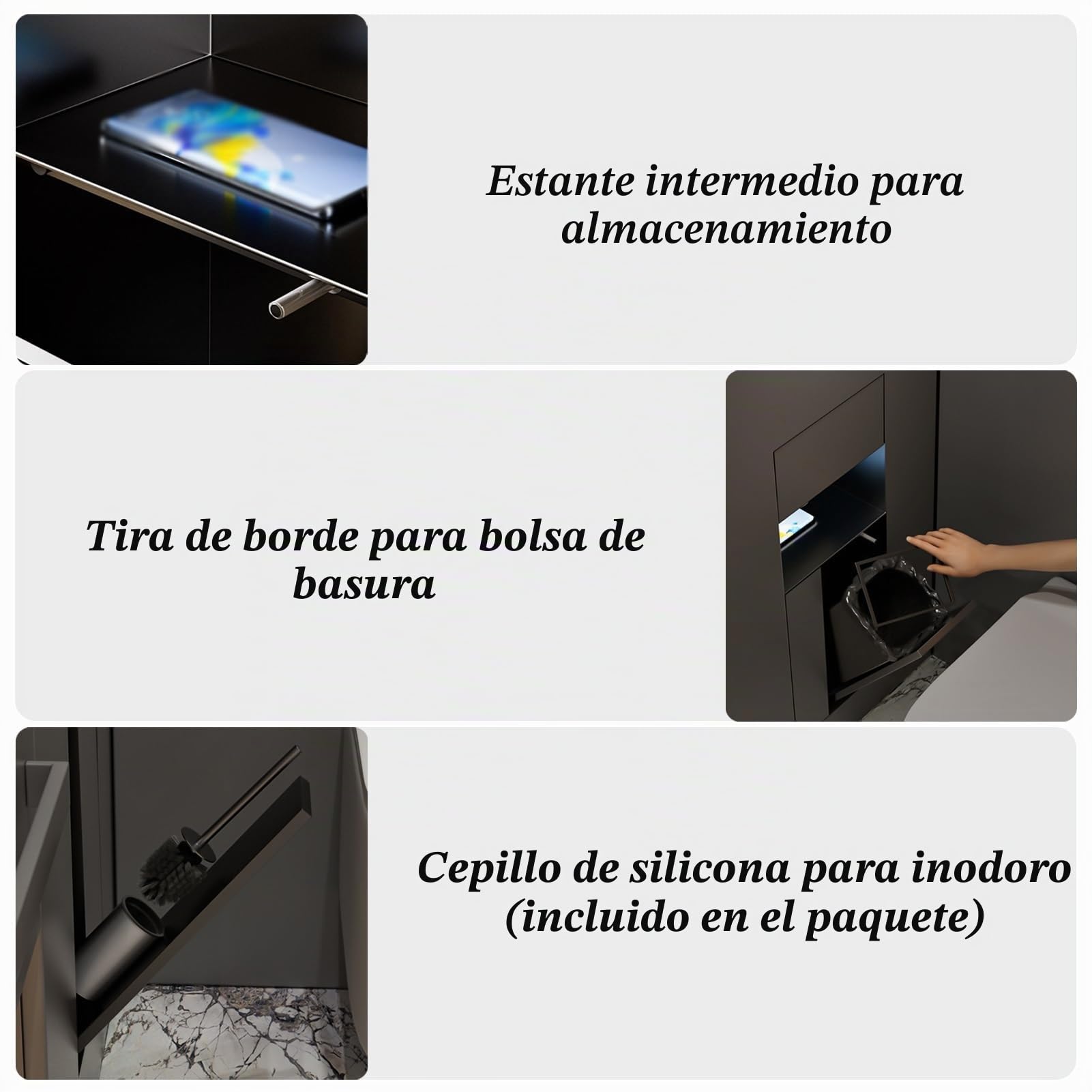 Soporte empotrado para papel higiénico con cubo de basura y escobilla, inserto de nicho de pared para paneles de yeso, dispensador de papel higiénico para baño