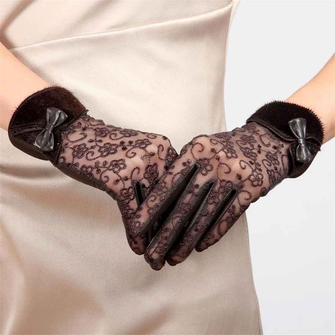 Guantes de cuero para mujer, con empalme de encaje, guantes de conducción con forro femenino, color marrón, talla M, Gris oscuro9, M