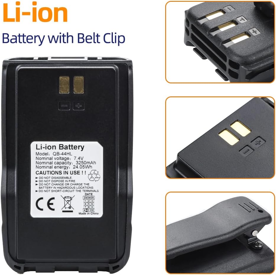 7.4V 3250mAh QB-44HL BP-878T Li-ion Battery with Belt Clip for Anytone AT-D878UV Plus D878UV D868UV D858 BTECH DMR-6X2 Radio(2 Pack)