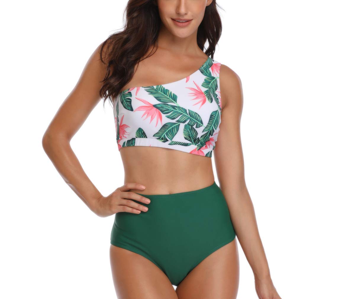 Women Sexy Floral Printed One Shoulder Two-Piece Swimwear High Waisted Bikini