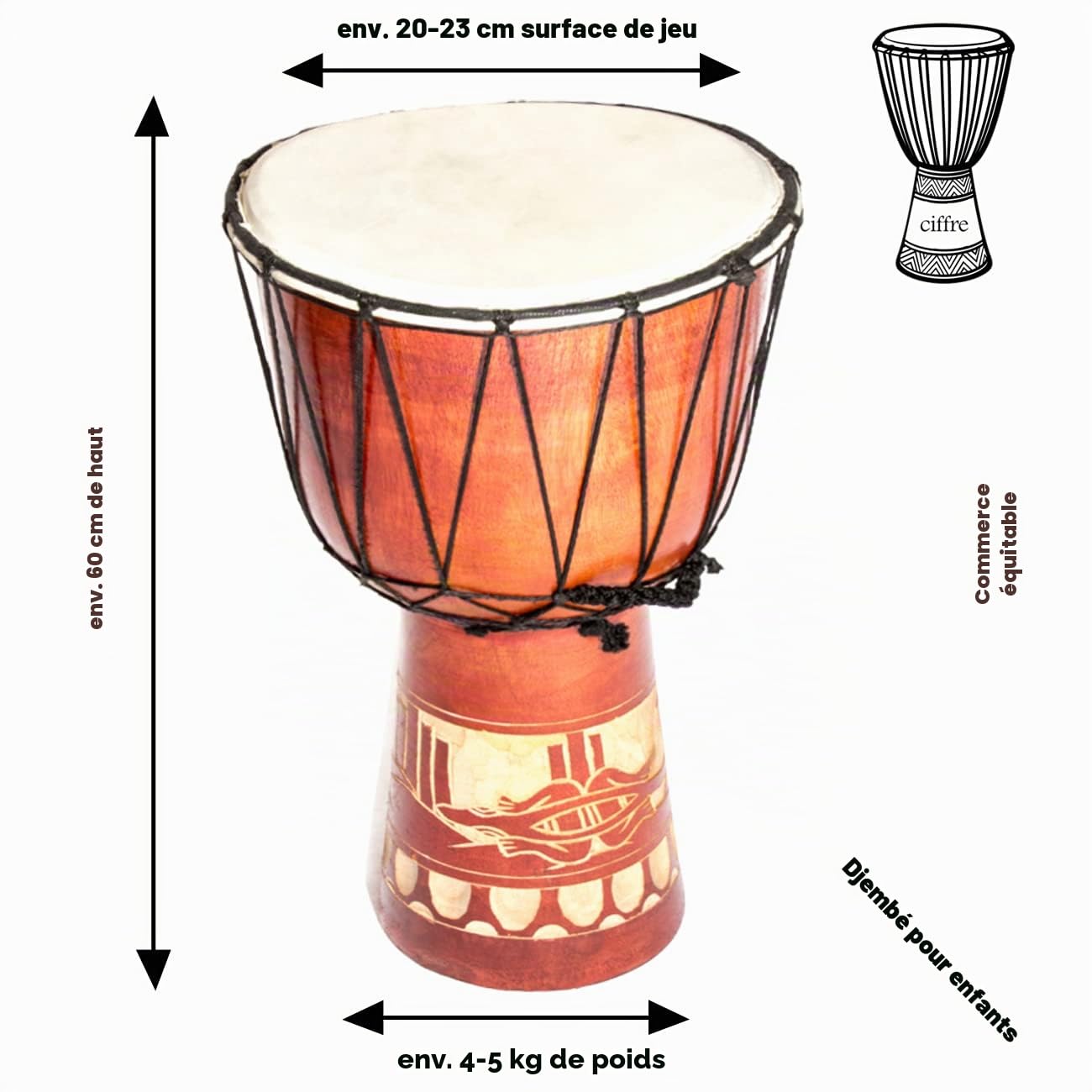 60cm Djembe Drum Bongo Tambour en bois Darbuka Good Sound Gecko