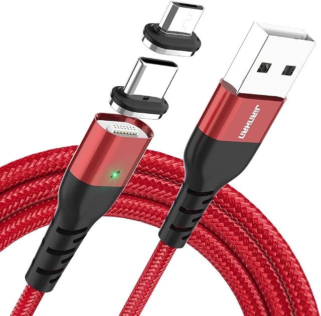 Magnetic Phone Charger Cable,JianHan USB C + Micro USB 2 in 1 Multiple Magnet Charging Cable 2M with LED Light for Samsung Galaxy S10,S9,S9 Plus,S8,S8 Plus,Note 8,9,10,S7 S6 Edge,LG,Kindle Red