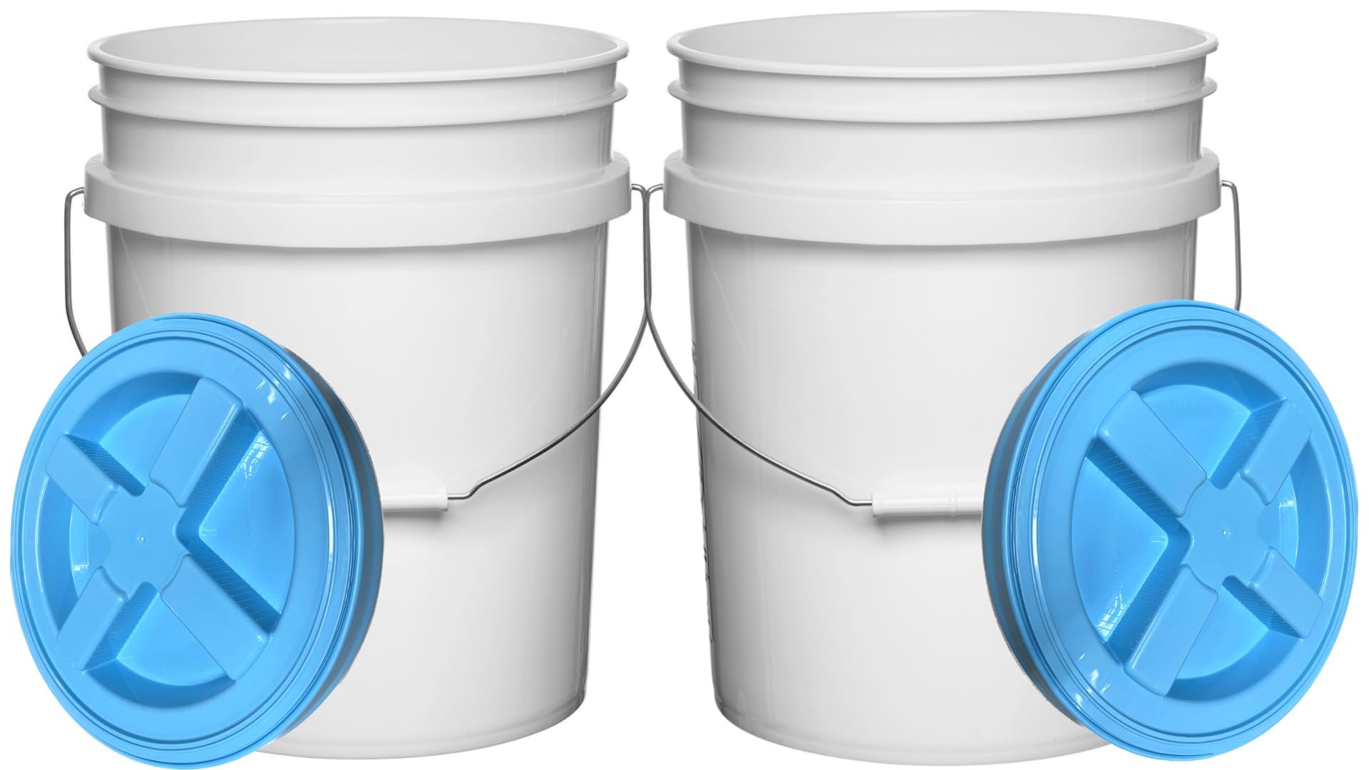 House Naturals Food Grade 5 Gallon Made in USA Plastic Bucket with Air Tight Screw on Lid (Pack of 2) (White Buckets with Aqua Lids)