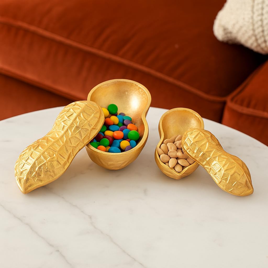 Set of 2 Gold Peanut Shaped Bowls with Lids – Unique Decorative Snack, Candy & Sugar Bowl, Nut Dish, Chocolate Dish with Lid, Key Bowl for Desk & Home Decor