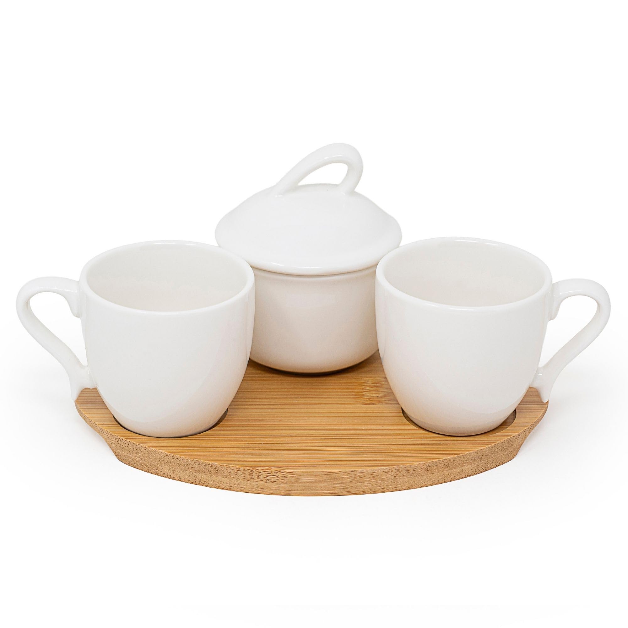 NAMAI - Set di 2 Tazzine Da Caffe, 1 Zuccheriera e 1 Vassoio in Bamboo, New Bone China, Adatte in Lavastoviglie e Microonde, Idea Regalo