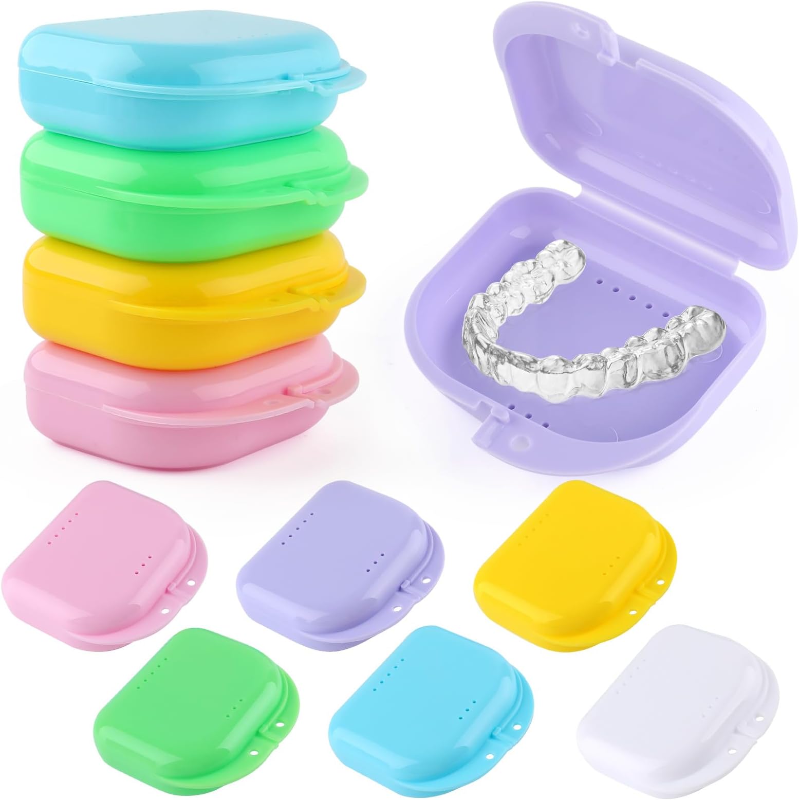 12 Pack Retainer Case with Vent Holes,Multicolor Dental Storage Container for Aligners,Mouth Guards,Dentures,Individually Sealed,Durable Snap Lock,Travel Friendly (6 Colors)