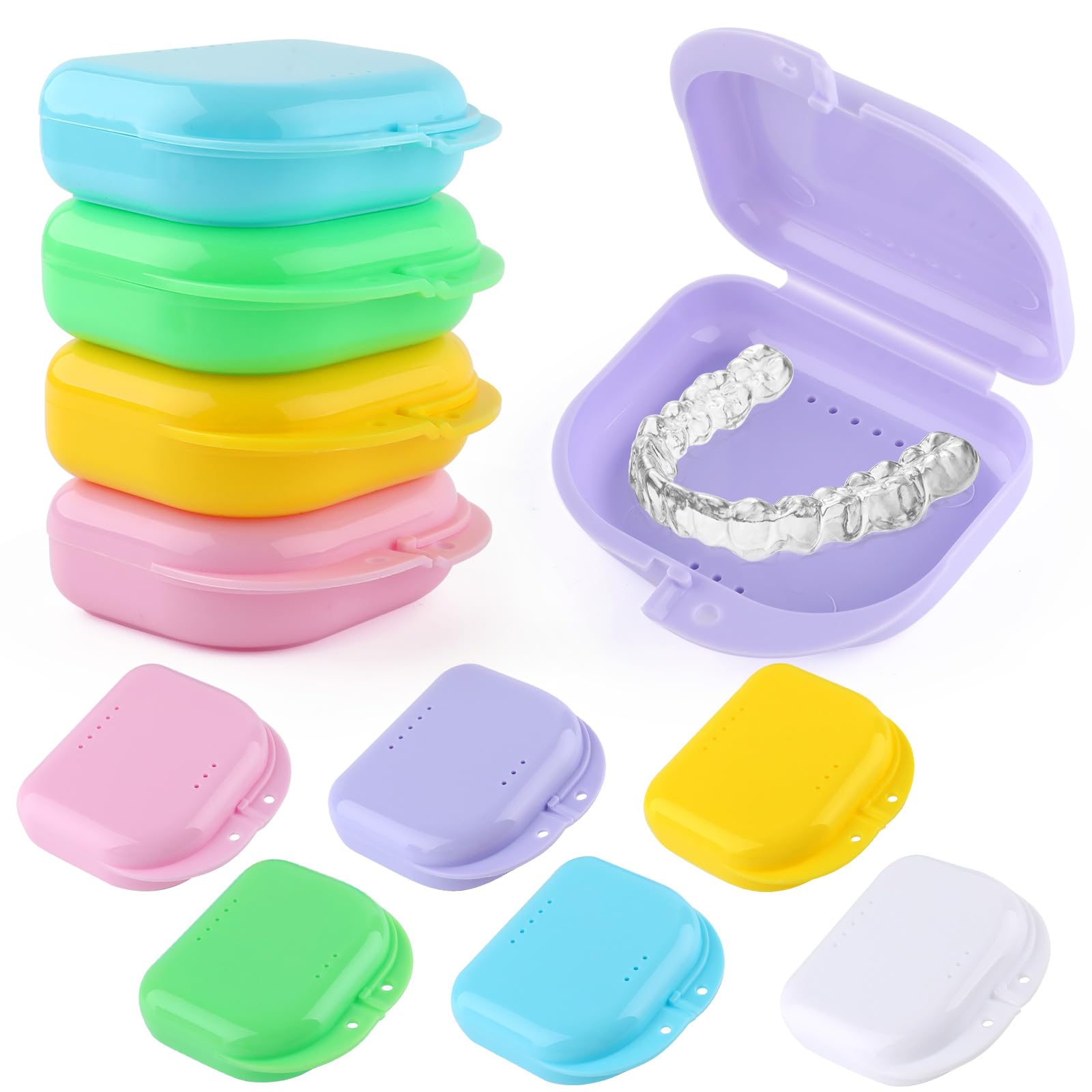 12 Pack Retainer Case with Vent Holes,Multicolor Dental Storage Container for Aligners,Mouth Guards,Dentures,Individually Sealed,Durable Snap Lock,Travel Friendly (6 Colors)