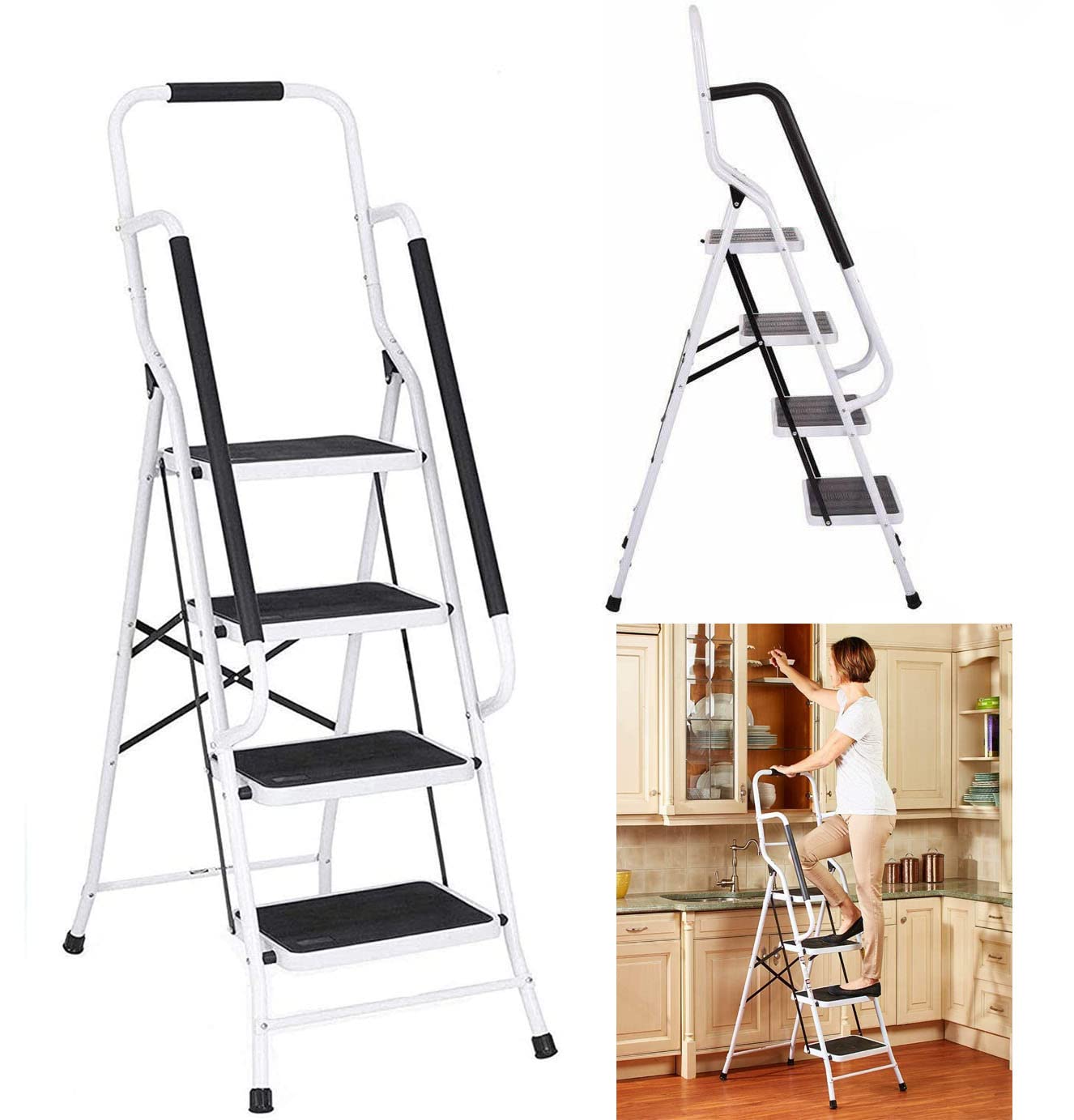 Escabeau de ménage avec main courante et tapis antidérapant - Pliable - Pour la maison, la cuisine, le jardin, le garage, l'entrepôt - 4 marches - Portable - Pliable et résistant