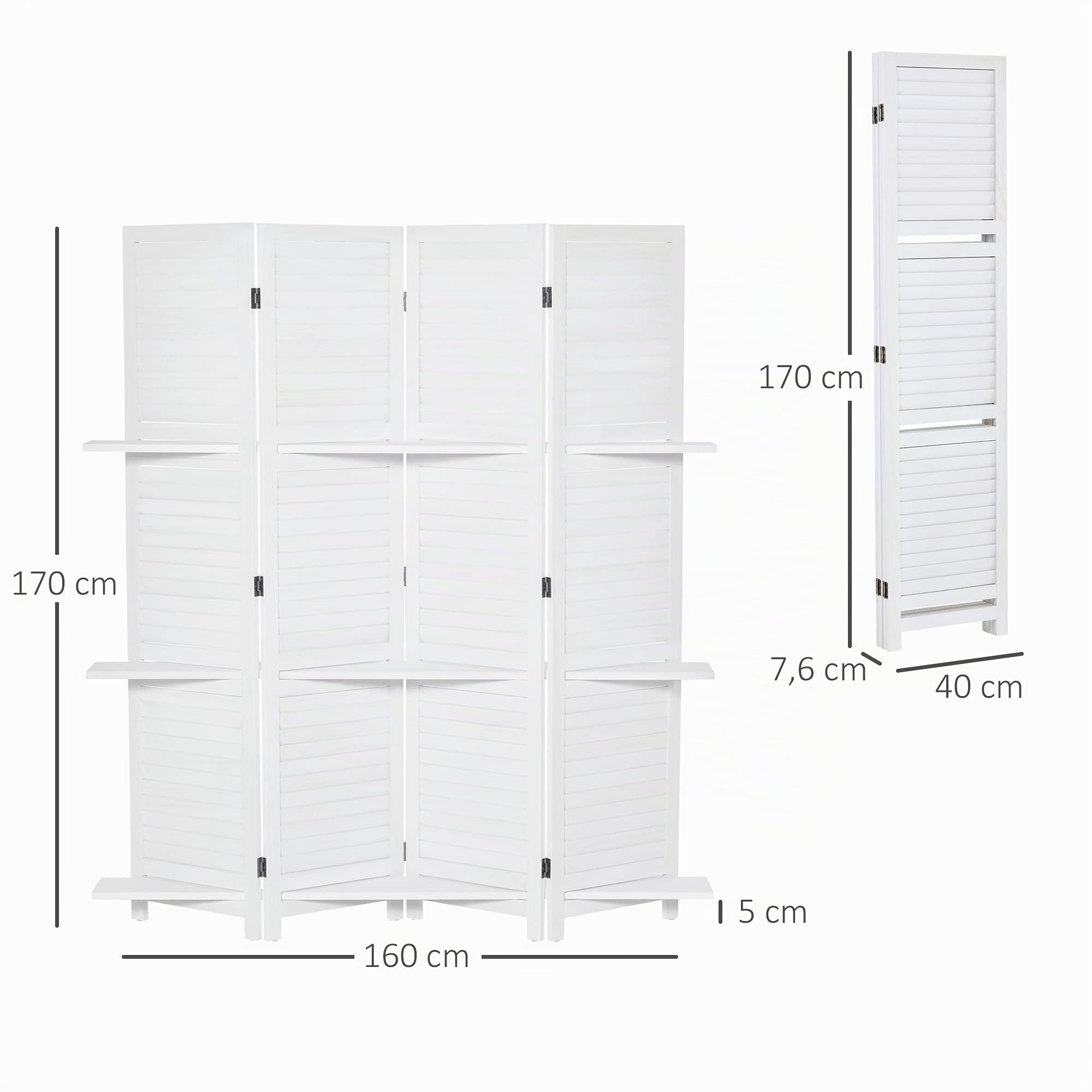HOMCOM Biombo Separador de Madera de 4 Paneles Divisor de Habitaciones Plegable con 3 Estantes Extraíbles Diseño Persiana para Dormitorio Oficina 160x170 cm Blanco