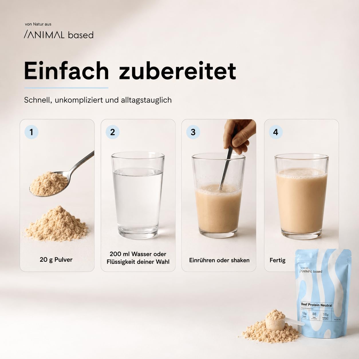Animal Based Rinderprotein Pulver Neutral 300g - Natürliche Zutaten - 19g Protein - 16g Kollagen - 86 kcal - Beef Protein - Kollagen Typ 1,2,3 - Knochenbrühe vom Weiderind - Bone Broth - Histaminarm