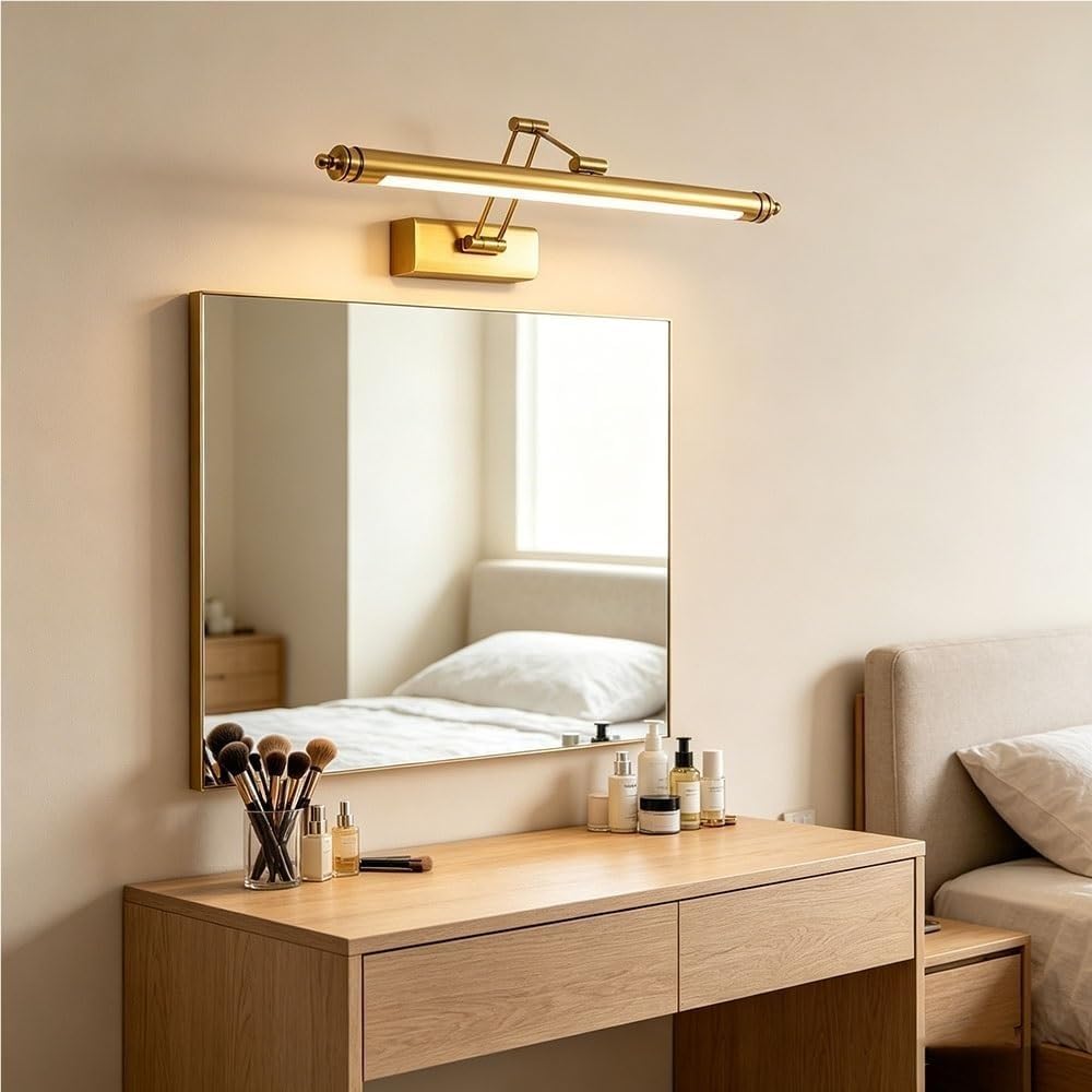 Lampada da Specchio Bagno Vintage Lampada da bagno vintage con striscia in metallo dorato Luce a LED dimmerabile e angolabile per specchio Luce lineare frontale per specchio da bagno(50cm/19.6in)