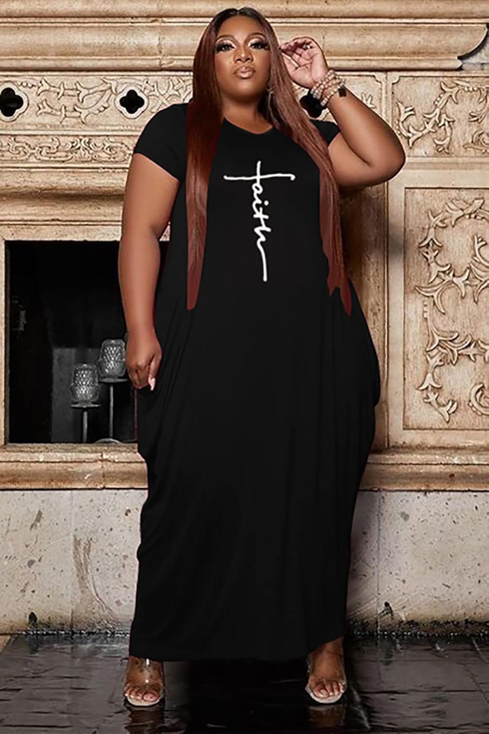 Women's Summer Plus Size Short Sleeved Long Dress Casual Loose Faith Beach Maxi Dress with Pockets