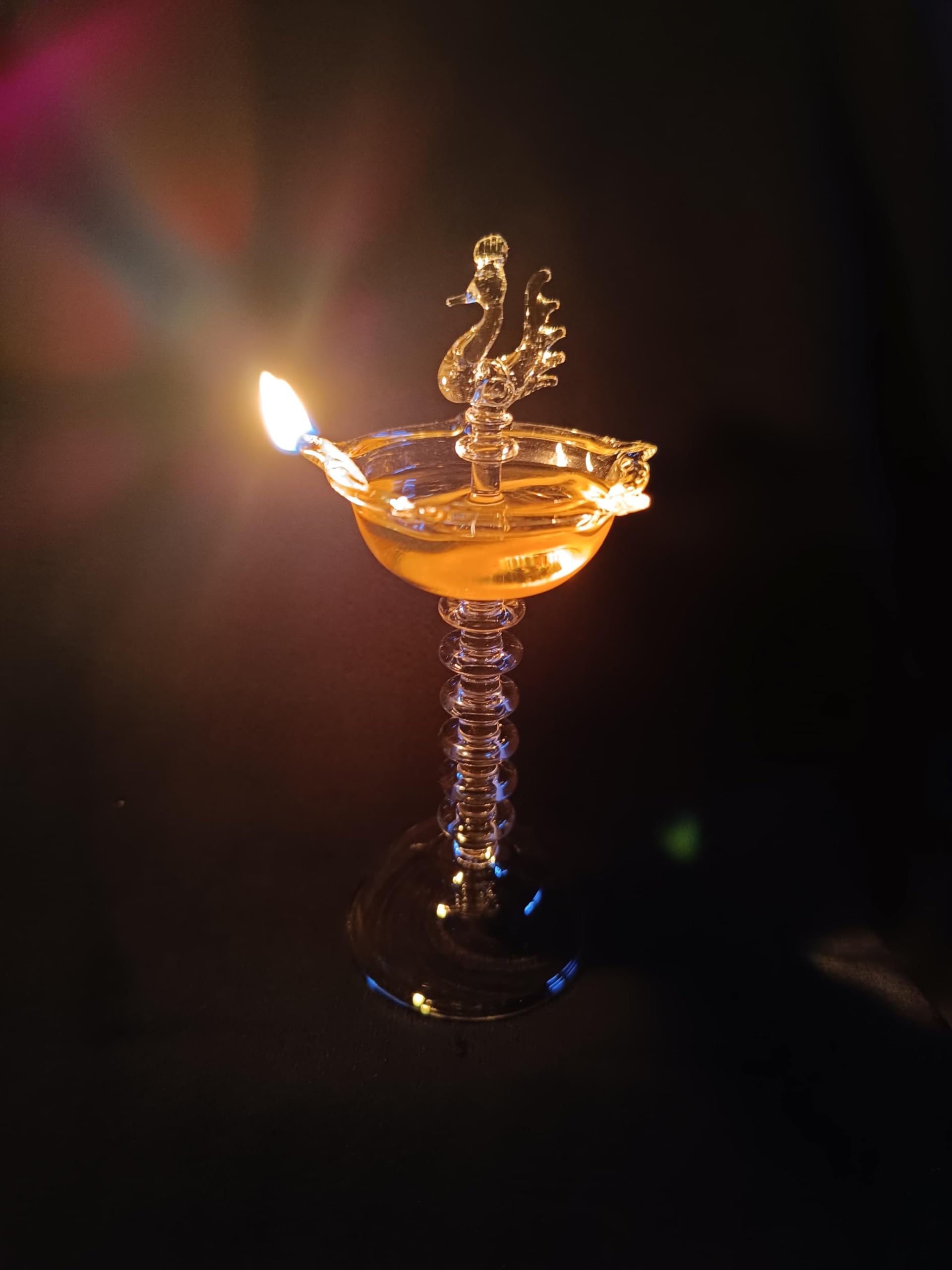 Elegant Peacock Ring Glass Samai, Traditional Oil lamp, Nilavilakku Diya, Kuthu Samai, Samay Diya, Diyas for Pooja,Auspicious ocassions, Religious and Spiritual Items, Gift Items, Height- 5.5 inch