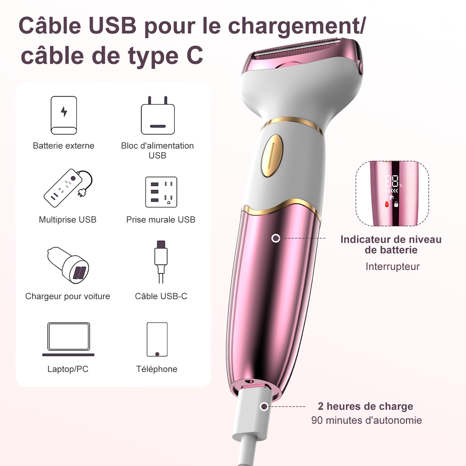 Rasoir électrique 4 en 1 pour femme avec affichage numérique, étanche IPX7, épilateur facial pour femme, rasoir intime pour le visage, les parties intimes, les aisselles, les jambes, recharge