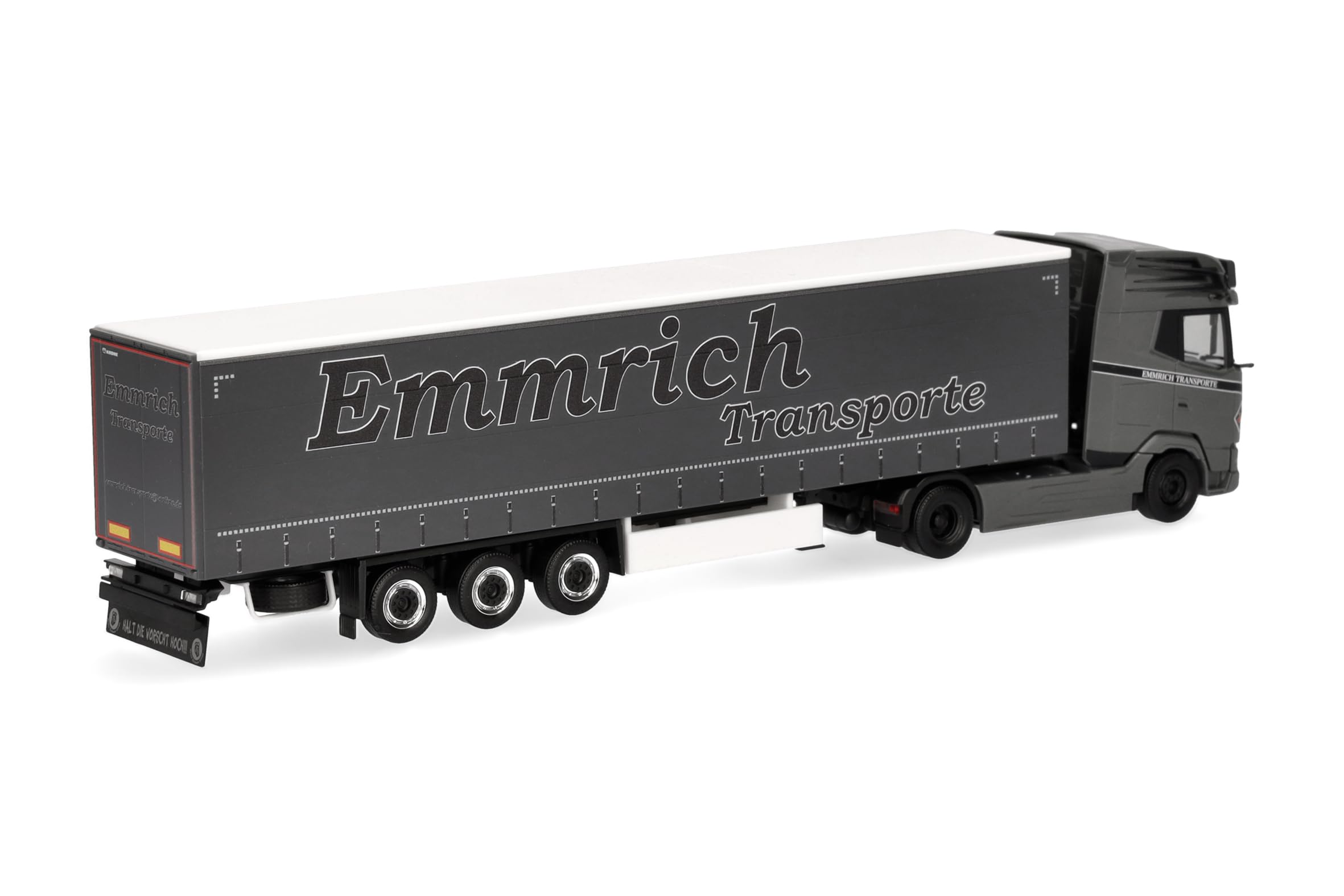 Herpa model ciężarówki DAF XG+ zestaw z naczepą kurtynową „Emmrich Transporte”, miniatura w skali 1:87, model kolekcjonerski, Made in Germany, tworzywo sztuczne