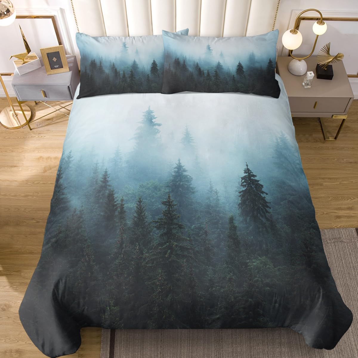 Sleepwish Misty Landscape Duvet Cover Fir Forest Bed Linen and Bedding Blue Watercolor Hipster Tree Bed Set 3 Piece Vintage Natural Bedspread (King)