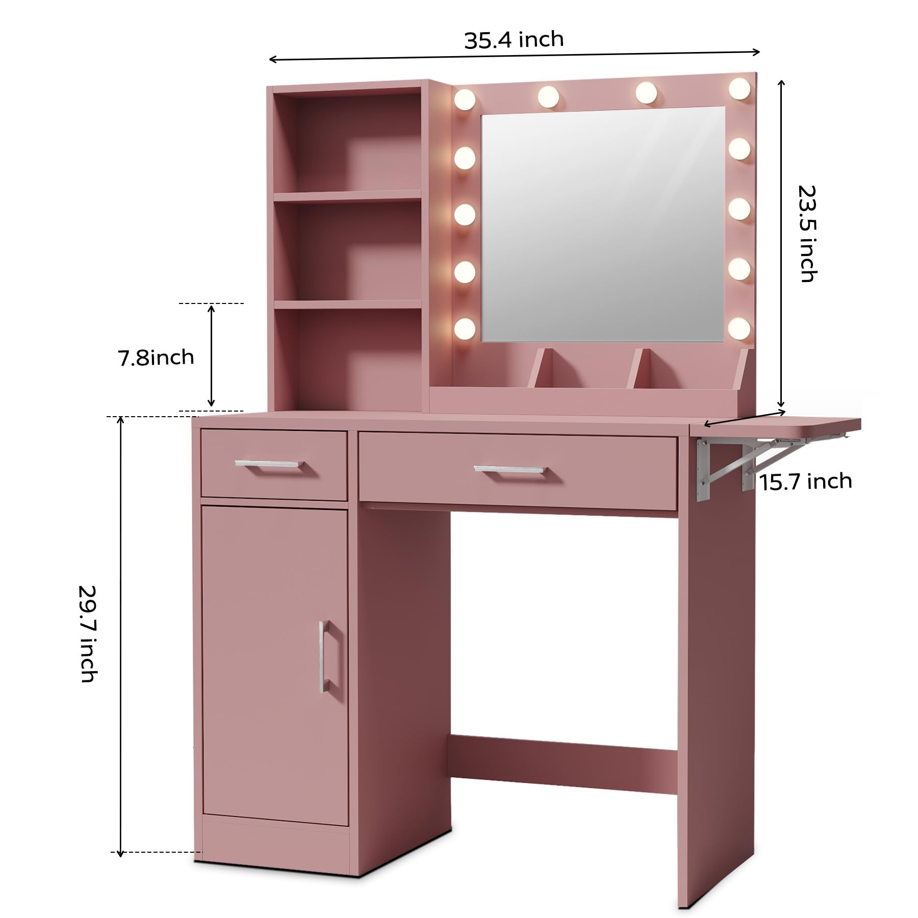anwickjeff Makeup Vanity Desk with LED Lighted Mirror, Adjustable Brightness, Modern Dressing Table w/Storage Drawers & Cabinet for Bedroom Girls Women (Pink)