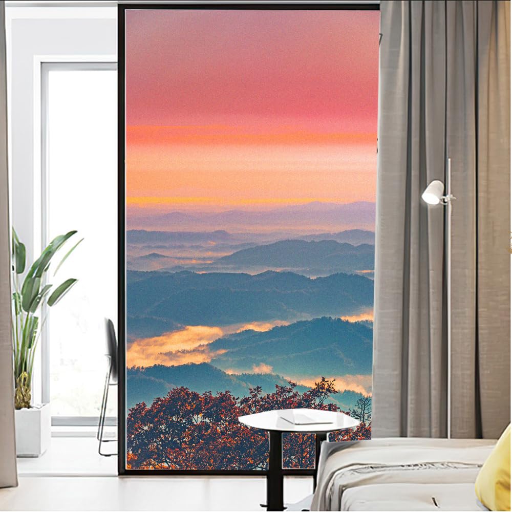 Privacy Window Film Mountain Sunset View Stained Glass Static Cling Window Treatments Window Coverings Glass Sticker Decorative Film for Siding Glass Door Home Decor 15.7"x47.2"(40x120cm)