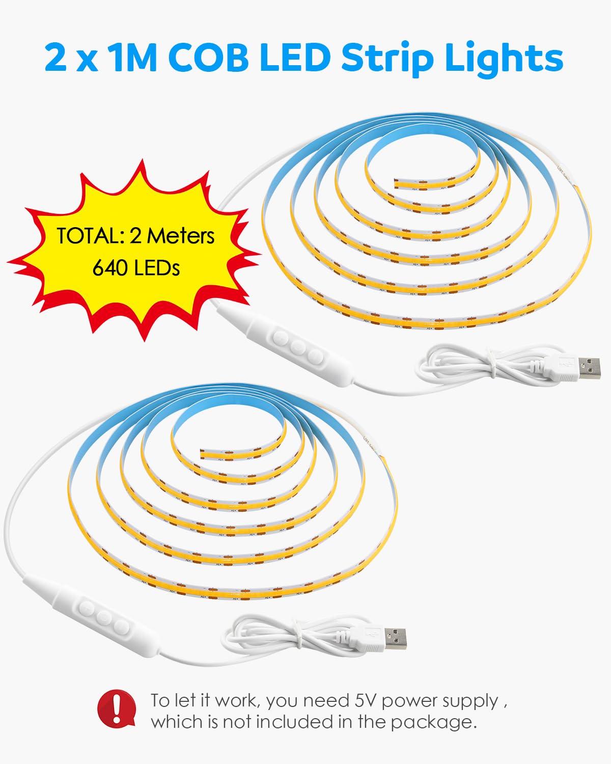 Aclorol 5V USB Powered Dimmable COB LED Strip Light 3.28FT/1M 320LEDs Cold White LED Flexible Tape Lights with 1.5M Cable for Under Cabinet TV Backlight Bedroom Wardrobe Shelves Displays (2 Pack) - Image 2