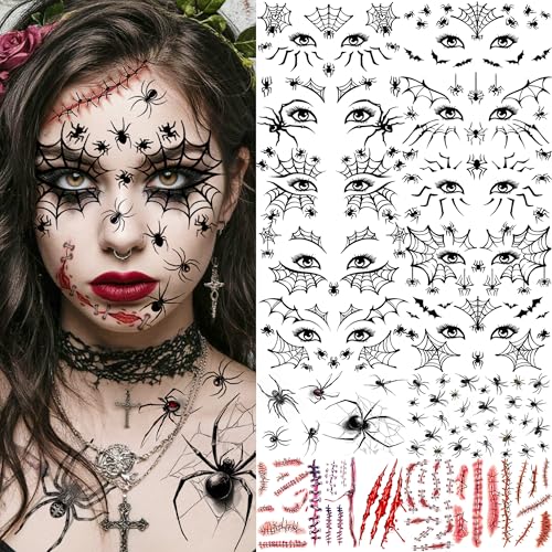 Image of 18 Sheets Horrible Spider Spiderweb Temporary Tattoos Halloween Eye Tattoos Face Tattoo Sticker, Realistic Scary Bloody Stitch Wound Fake Scar Tattoos Halloween Vampire Zombie Makeup Party Accessories