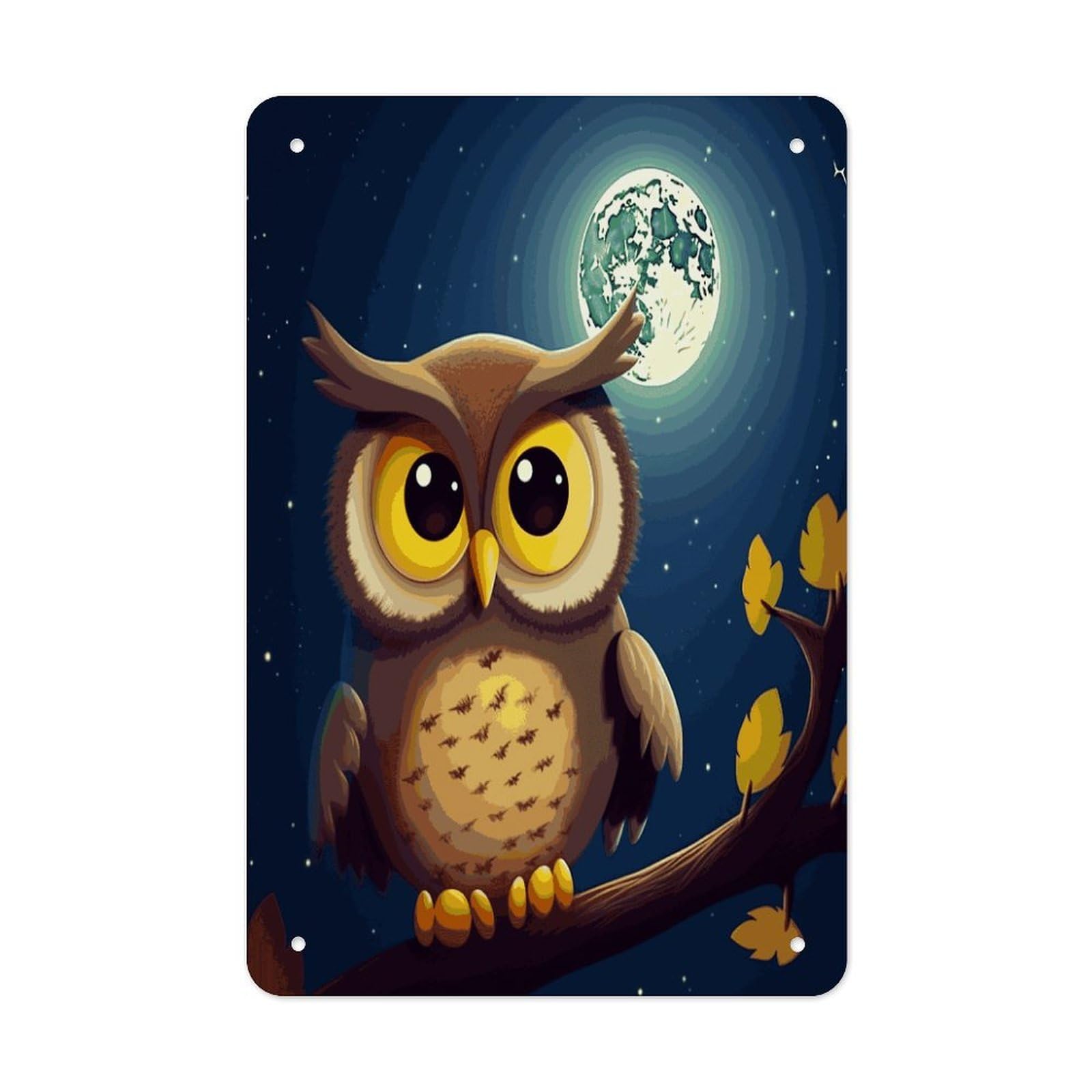LDGSUPH Owl And Yellow Moon Wall Art Prints Folded Edge Iron Sheet Painting with Holes for Wall Prints Decorative Picture Metal Signboard Decor Painting for Outdoor Indoor Wall Decor
