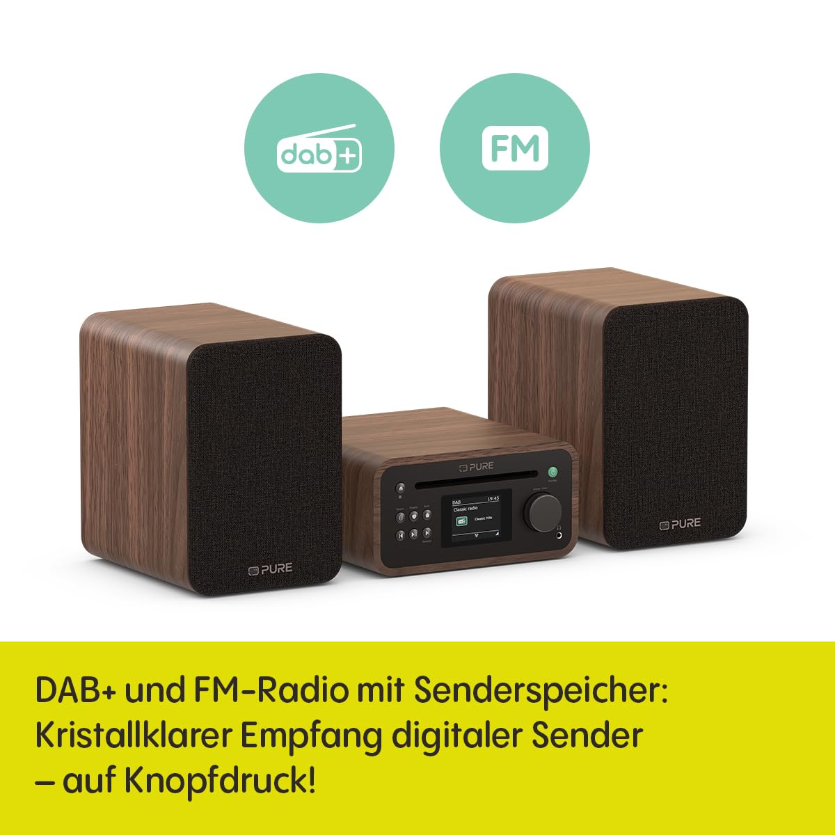 Pure Classic Stereo Mini Mikro HiFi Anlage mit CD-Player DAB+ Radio Bluetooth 5.3 USB AUX Kopfhöreranschluss Fernbedienung 40 W Stereo Holzoptik – Kaffeebraun/Walnuss