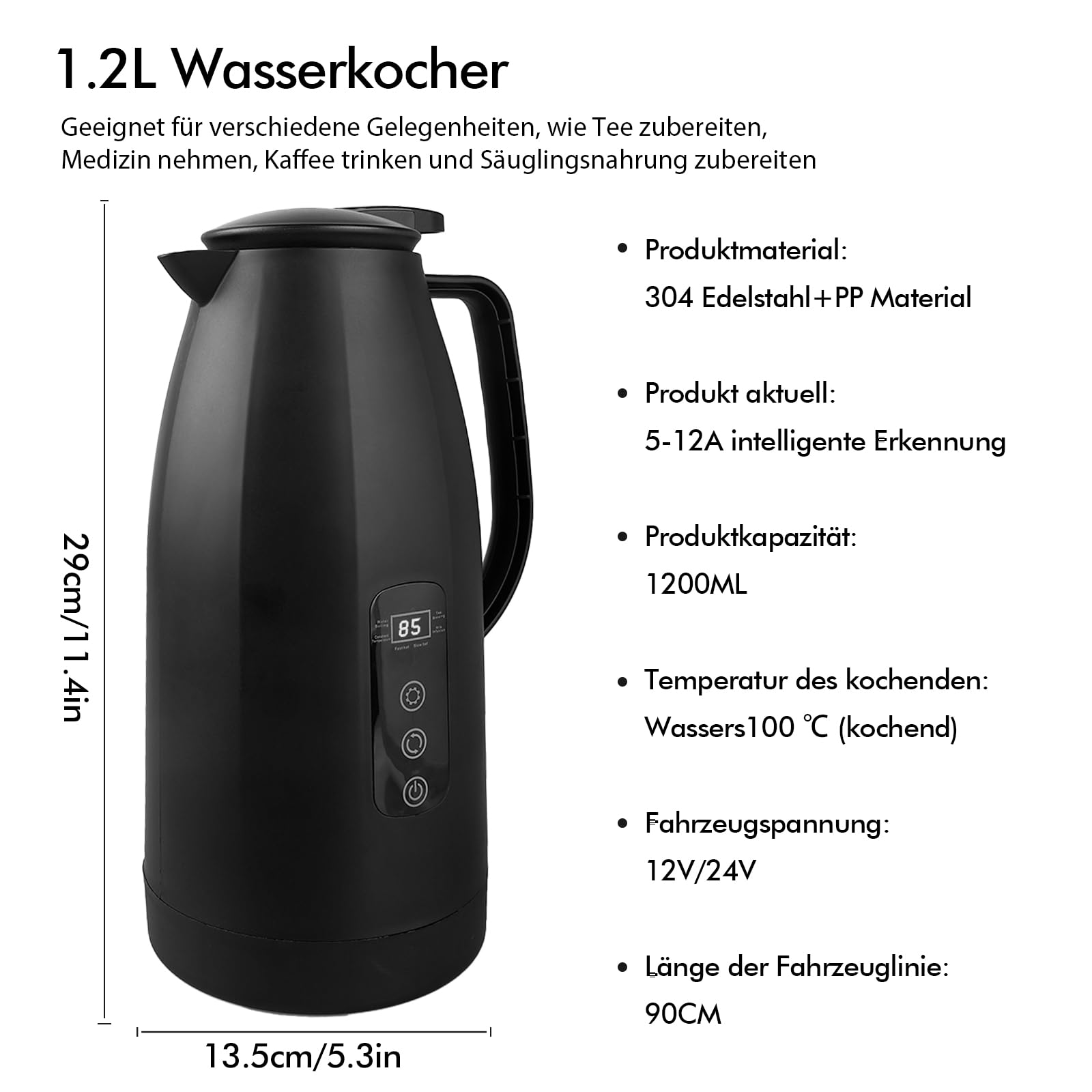 12v - 24v Wasserkocher für Auto, 1,2 Liter Elektrischer Mobiler Wasserkocher Edelstahl mit 12/24 Volt Zigarettenanzünder für Heißwasser Kaffee Tee, Lkw KFZ Reise Camping
