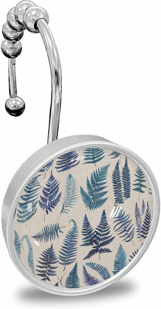 Shower Curtain Hooks 12 Pcs, Summer Tropical Blue Leaves Beige Texture Stainless Steel Rust Proof Rolling Shower Curtain Rings, Decorative Shower Curtain Hooks Hangers for Bathroom
