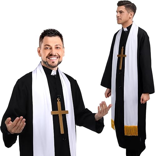 Miniatura 3 de Bonuci 3 piezas de disfraz de sacerdote para hombres adultos, disfraz de sacerdote de Halloween con bata, estola blanca con borla, collar de cruz de