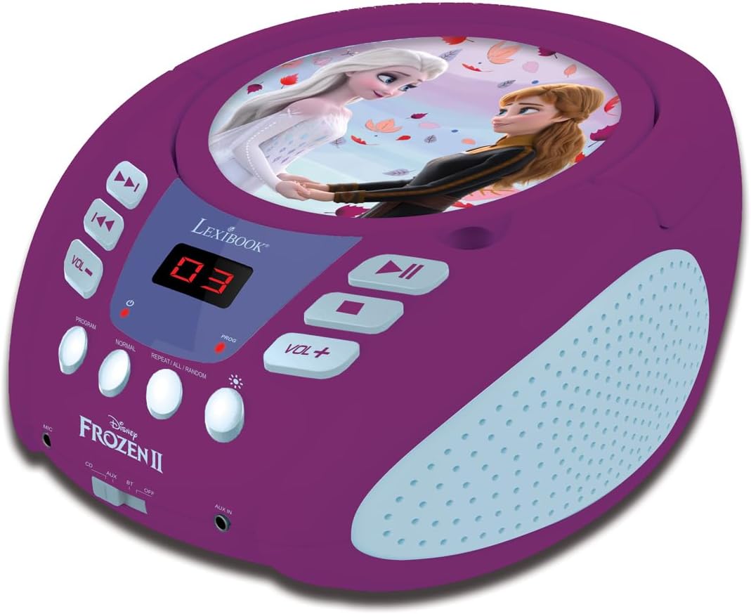 Lexibook, Frozen, Bluetooth CD Player for Kids, Portable, Multicoloured Light Effects, Microphone, Aux-in Jack, AC or Battery-Operated, Girls, Boys, Purple, RCD109FZLXB